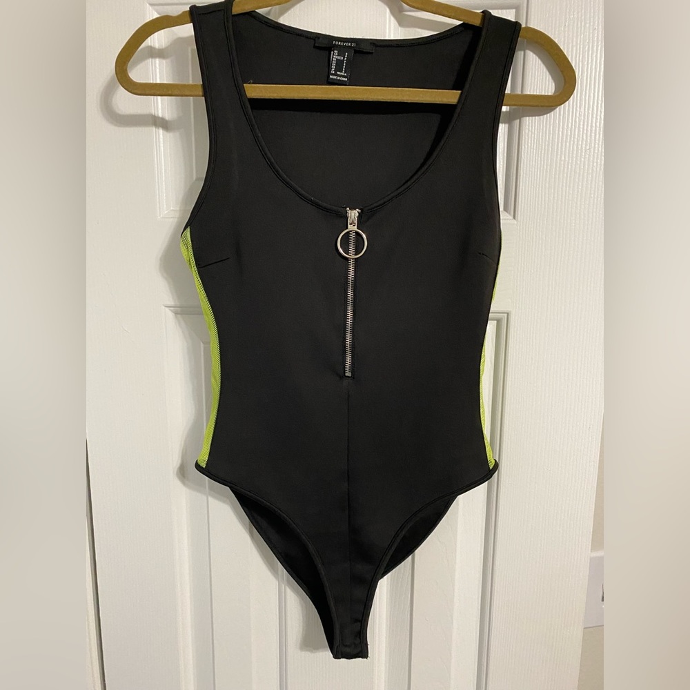 Black Zip Up Bodysuit with Green Fishnet Sides S